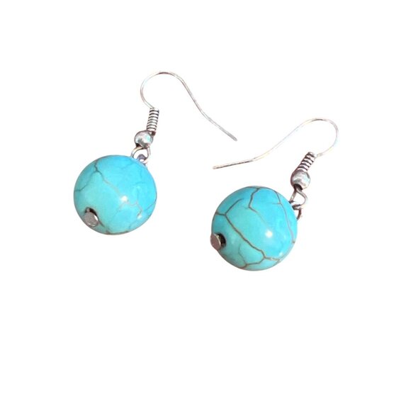 Turquoise Round Bead Dangle Earrings Silver Tone Hooks Lightweight 1.25" Estate - Picture 1 of 6